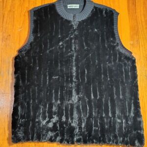 Parkhurst‎ Womens Black Faux Fur Zip Up Sweater Vest Ribbed Knit Collar